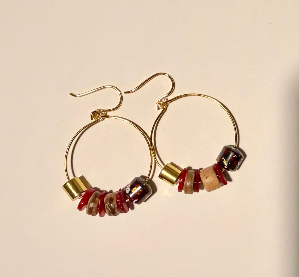 18K Gold Coral & Hematite Bracelet and Hoop Set