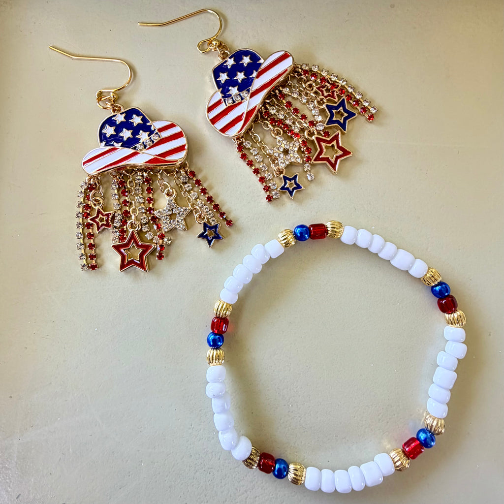 Western Patriotic Jewelry Set: 4th of July Beaded Bracelet & American Flag Cowboy Hat Dangle Earrings with Rhinestones