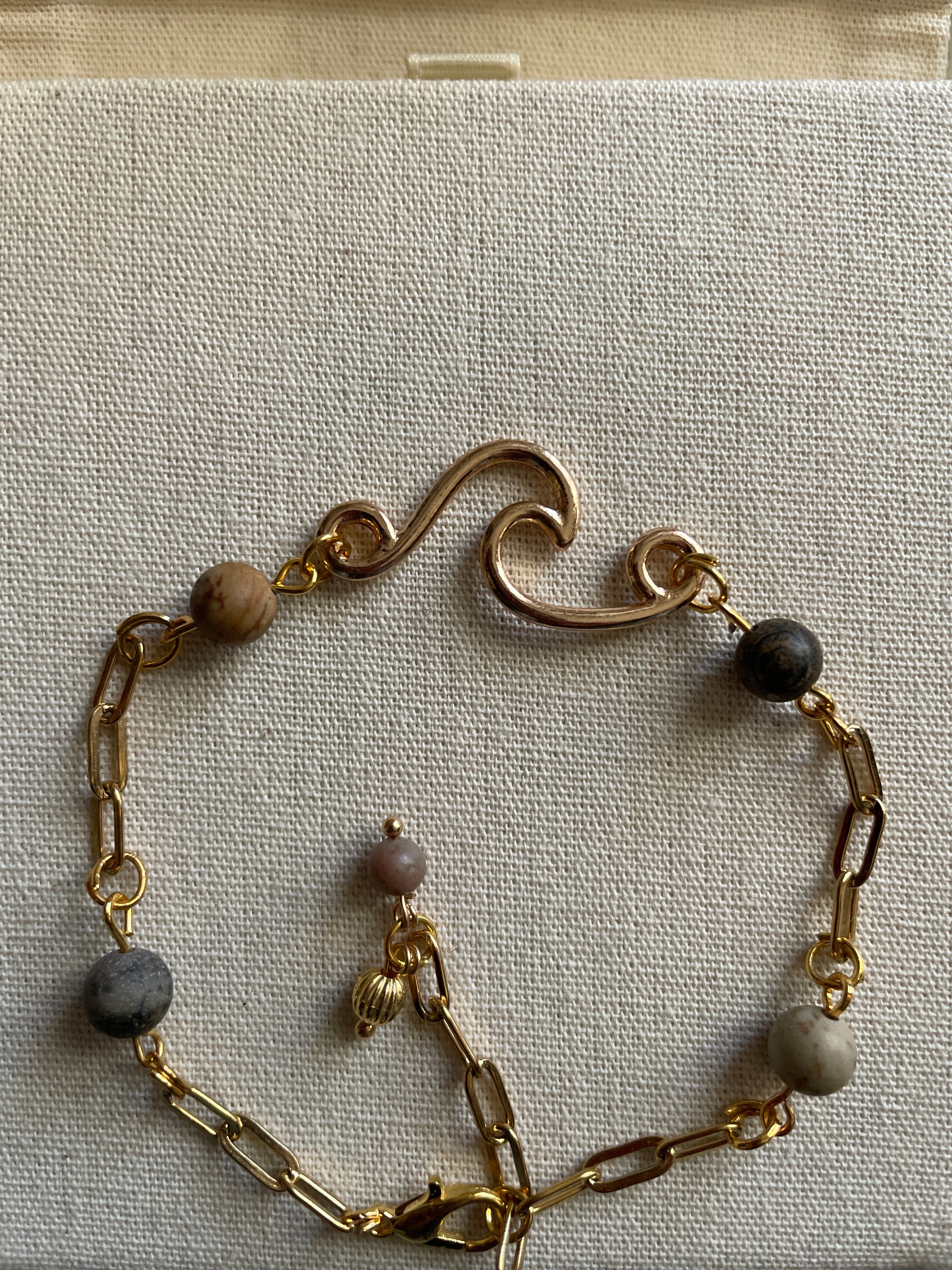 14K Gold Filled AdjustablePaperclip Chain Bracelet or Anklet with Round Dalmatian Jasper Beads