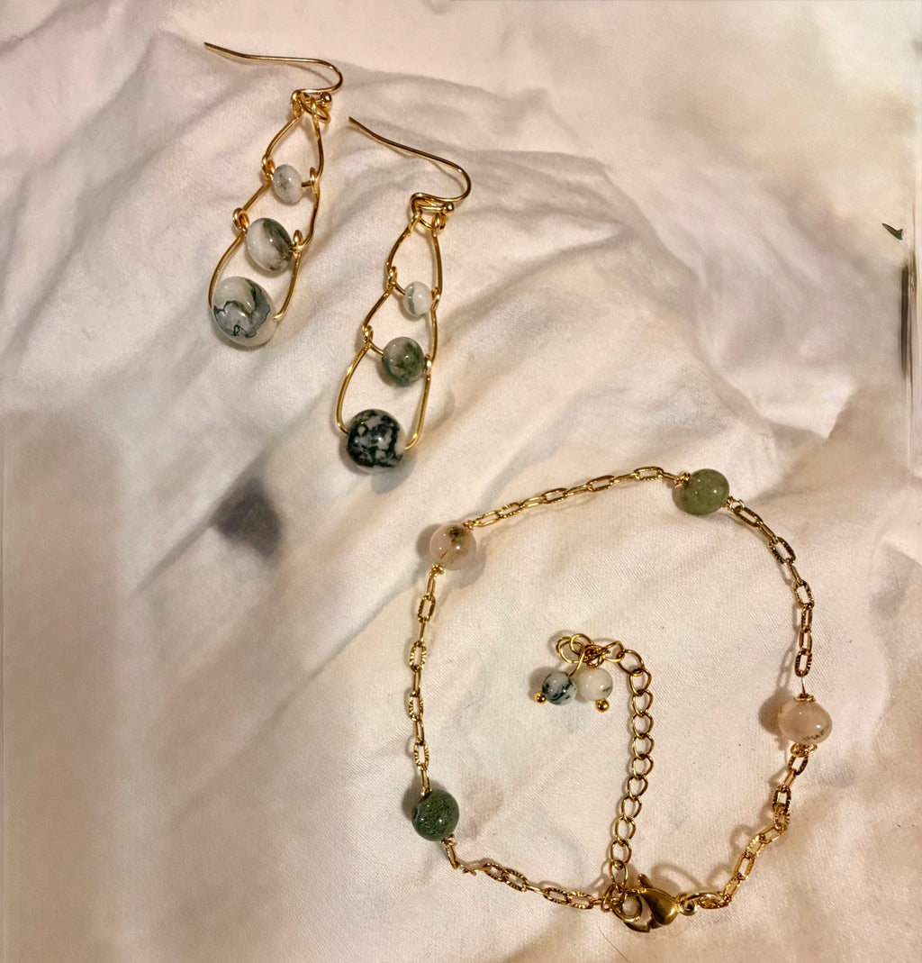 Healing Natural Green Agate Gold Plated Stainless Steel Dangle Earrings and Chain Bracelet Set