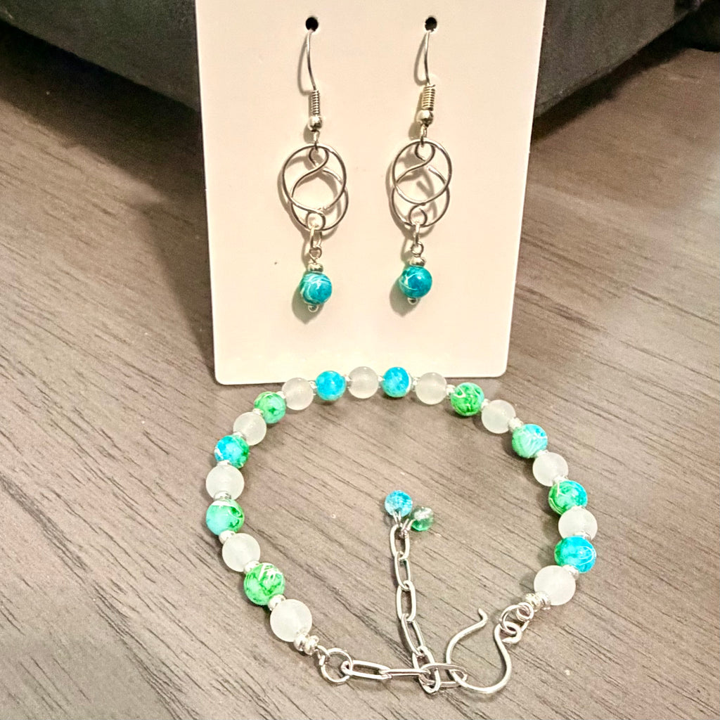 Amazonite & Moonstone Jewelry Set- Earrings & Bracelet in Silver or Gold