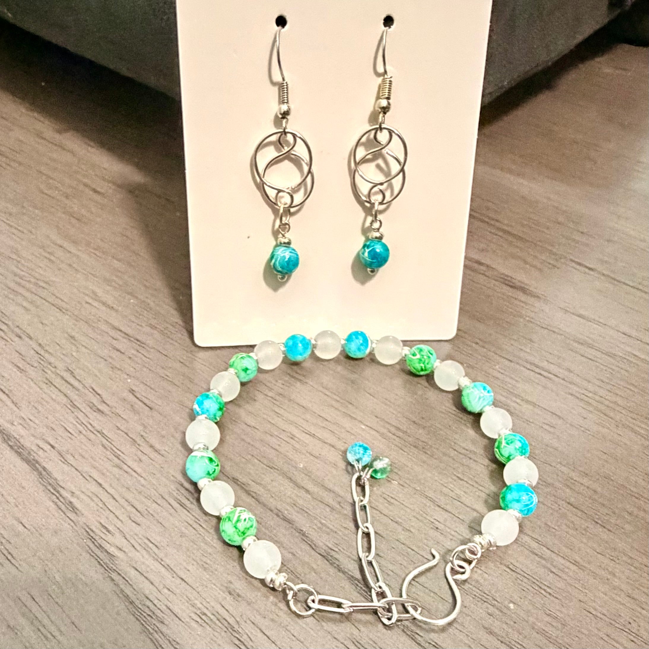 Amazonite & Moonstone Jewelry Set- Earrings & Bracelet in Silver or Gold