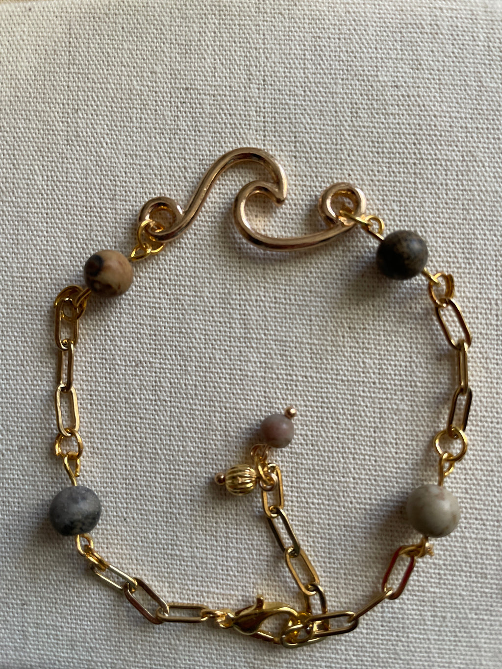14K Gold Filled AdjustablePaperclip Chain Bracelet or Anklet with Round Dalmatian Jasper Beads