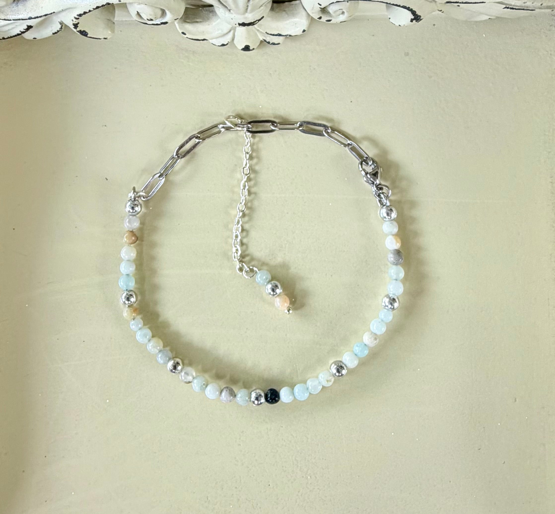 Aquamarine Moonstone Agate Silver Paperclip Bracelet