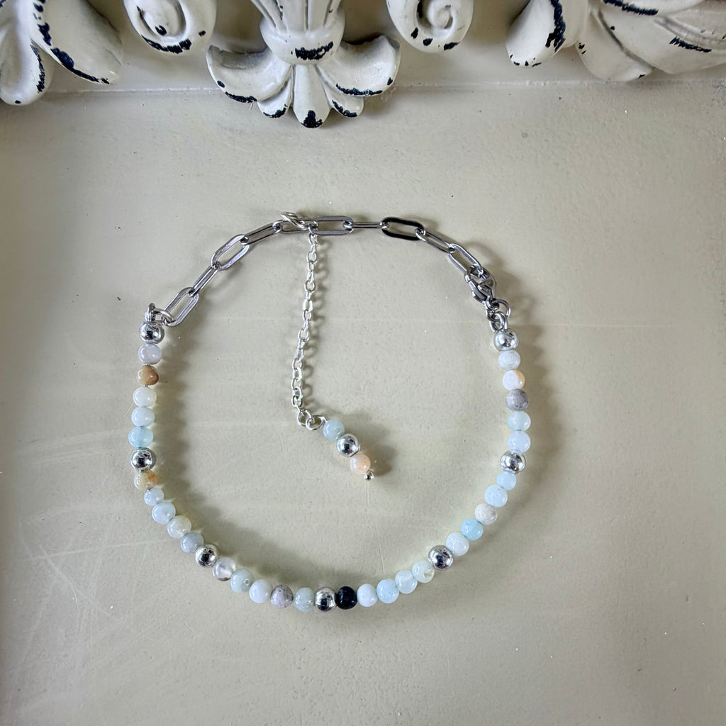 Aquamarine Moonstone Agate Silver Paperclip Bracelet