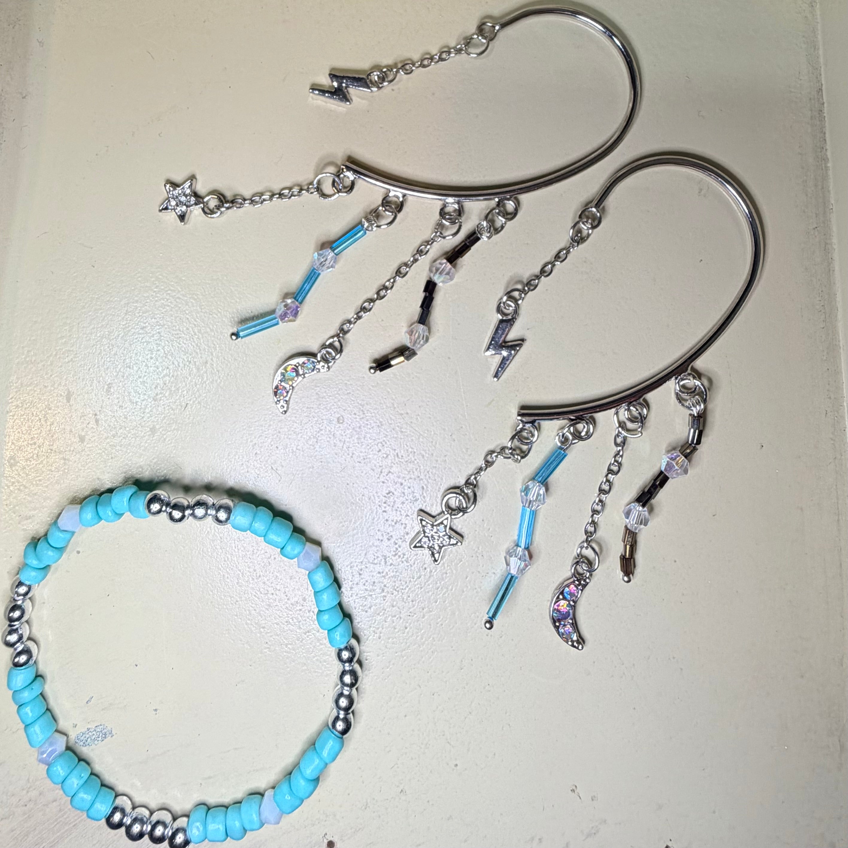 Turquoise Celestial Ear Cuff Jewelry Set – Silver Lightning Bolt & Moon Ear Cuffs with Beaded Bracelet- SublimeDesignsBySuzie