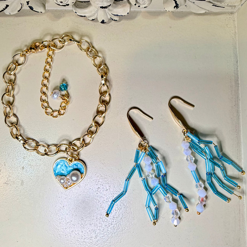 Ocean Pearl Heart Charm Jewelry Set – Turquoise Fringe Earrings & Gold Chain Bracelet by SublimeDesignsBySuzie