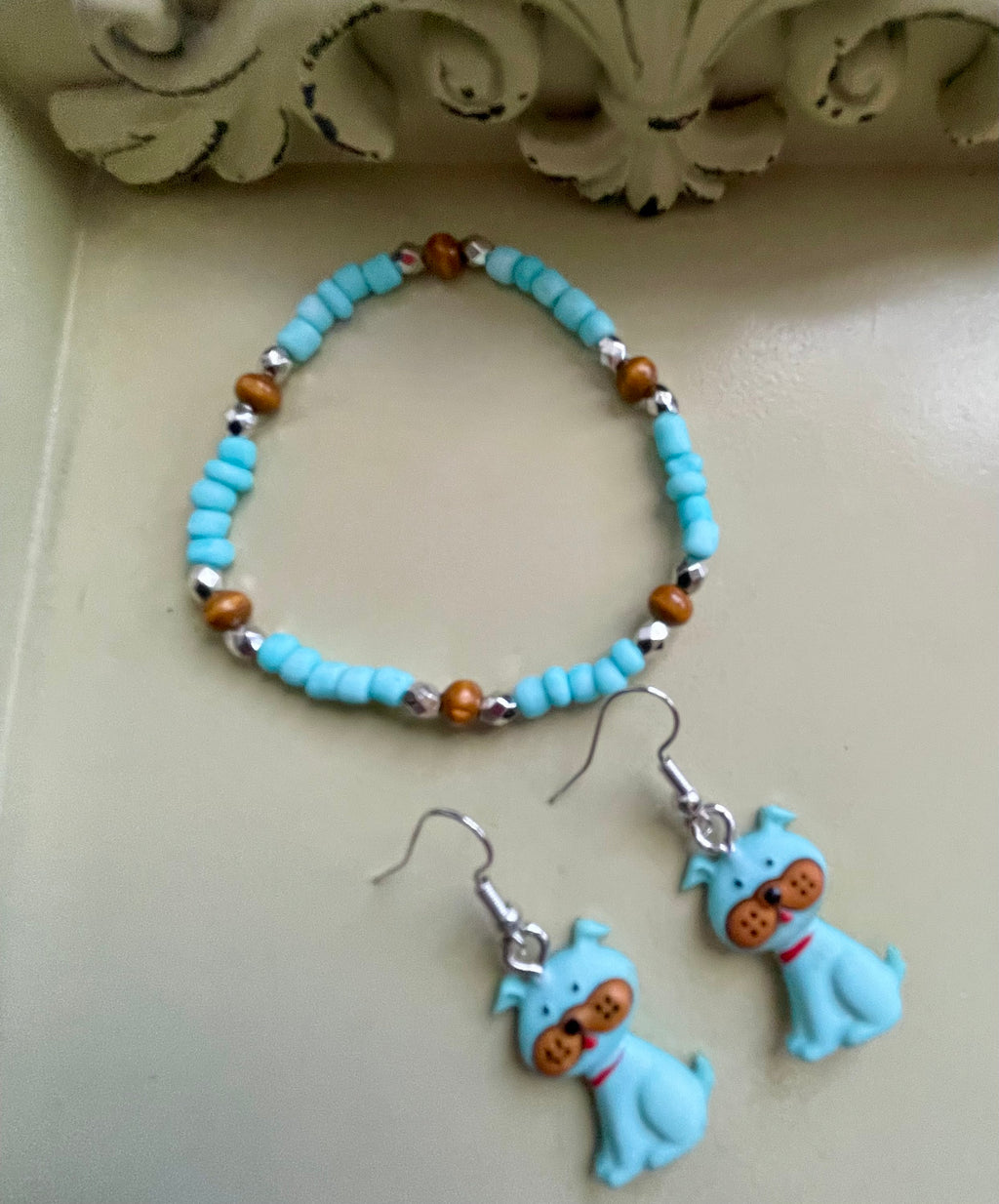 Cute Blue Puppy Earrings & Turquoise Beaded Bracelet Set – Brown Wood Accents Silver Spacers, Adorable Dog Charm Dangles Handmade Pet Lover Gift