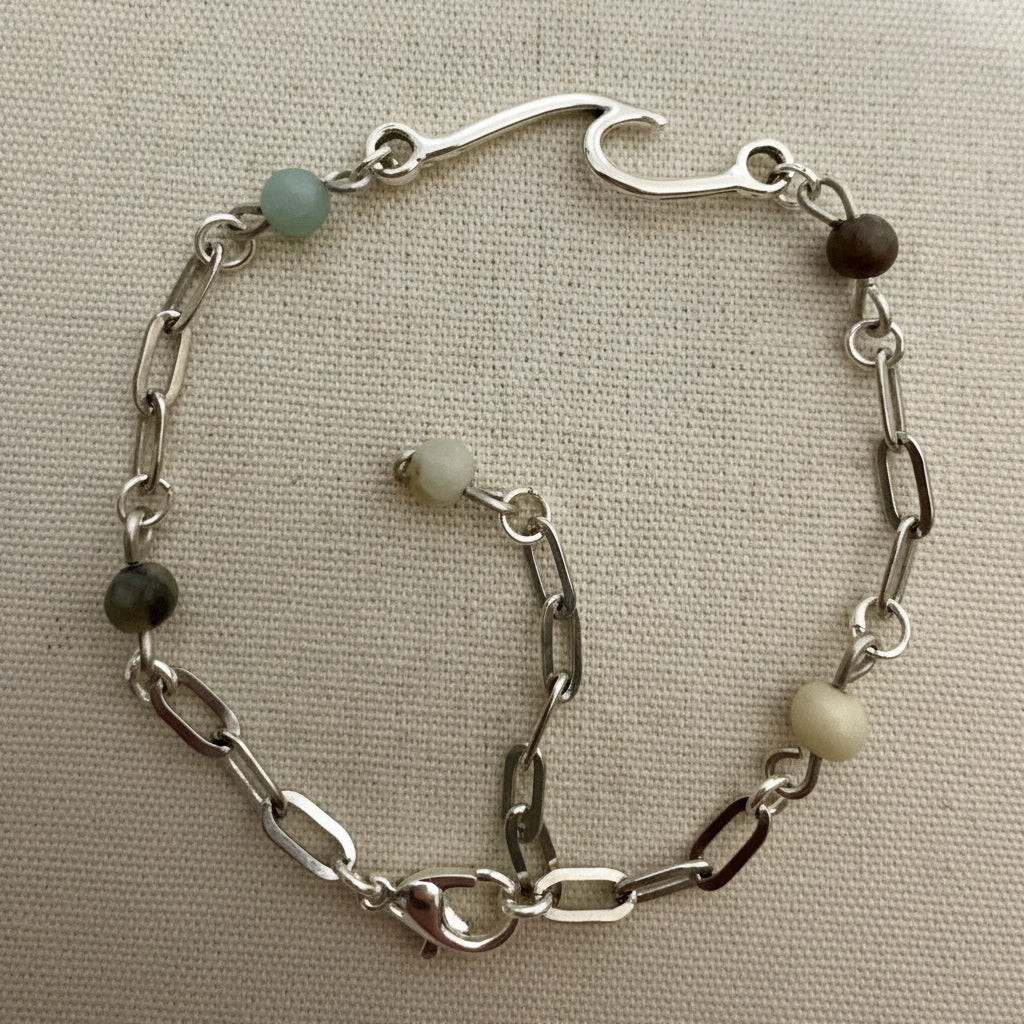 Silver Plated Paperclip Link Boho Bracelet w/ neutral Jasper colors