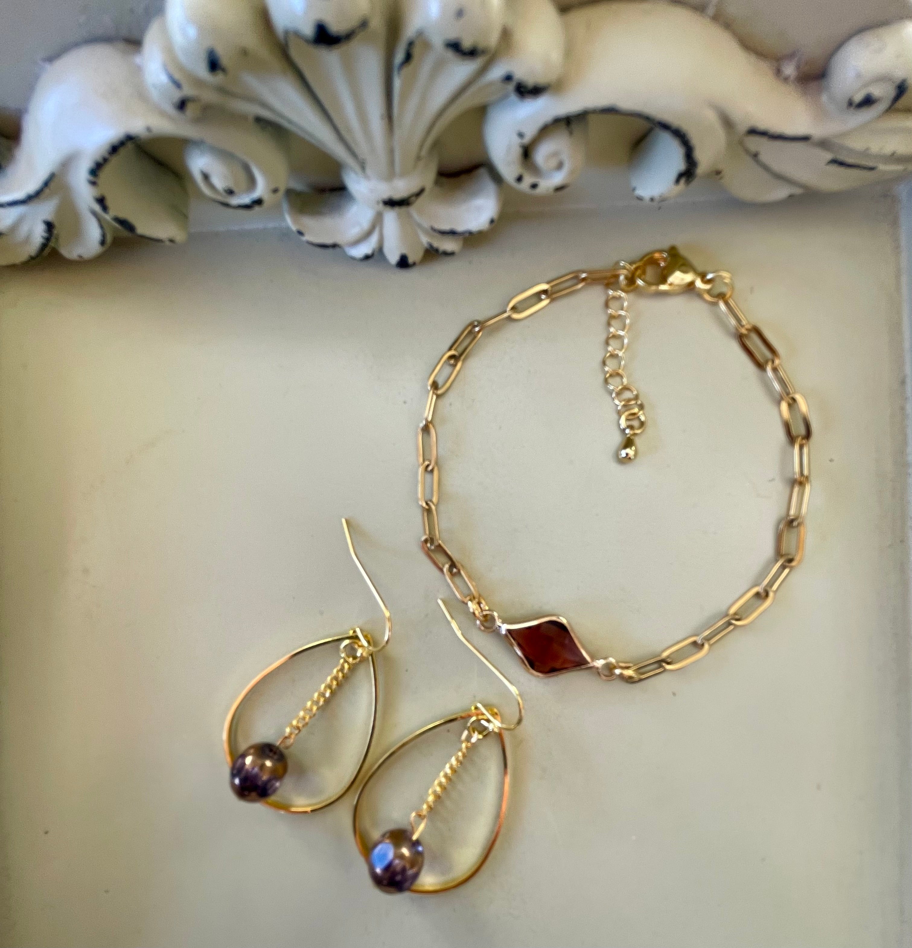 Trendy Boho Gold Plated Iridescent Purple Plum Bead Jewelry Set - Chunky Paperclip Chain Bracelet or Anklet with Plum Glass Pendant & Hoop Earrings by SublimeDesignsBySuzie