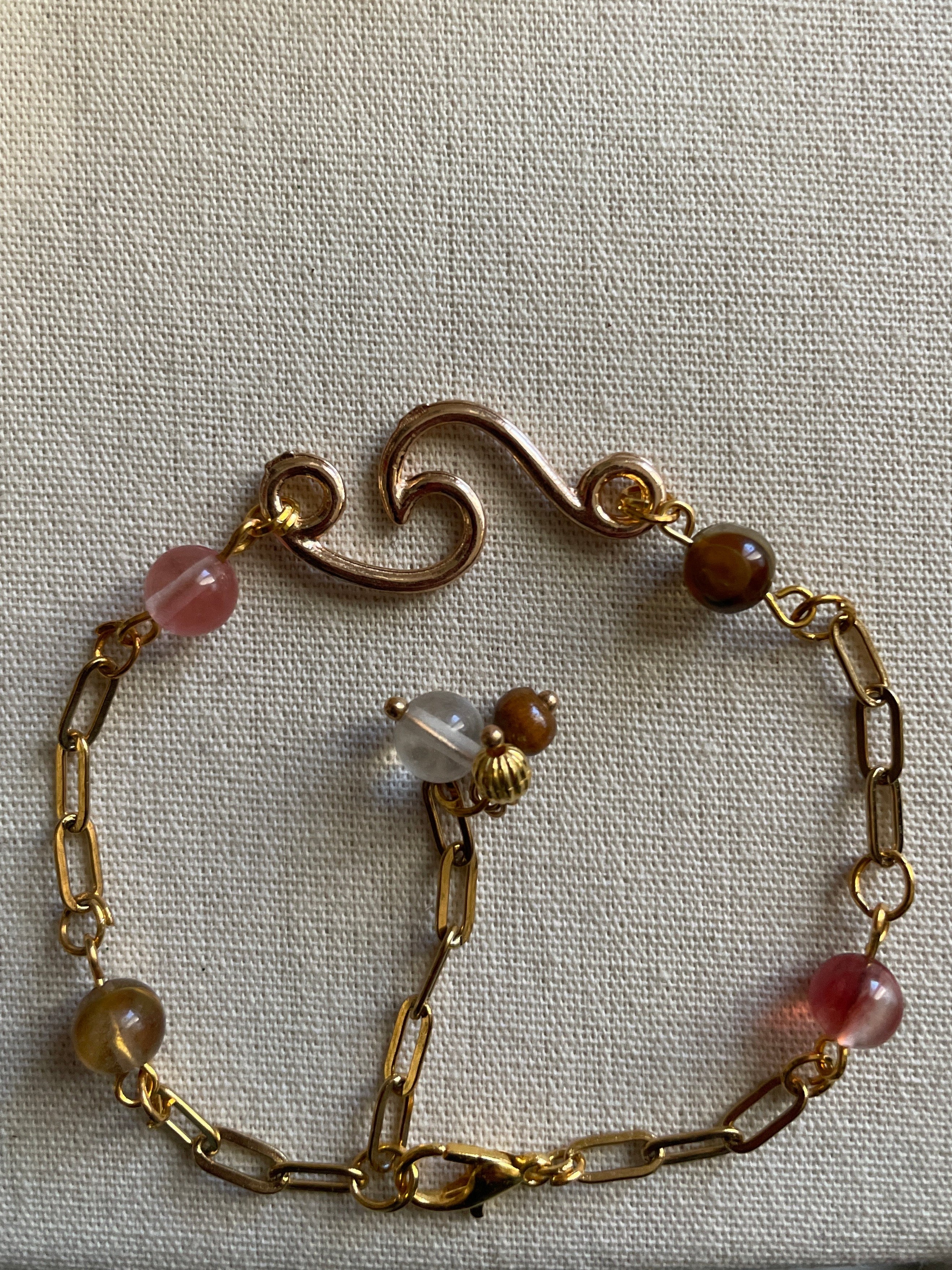 14K Gold Plated PVD Paperclip Chain Bracelet or Anklet with Rose Quartz & Tiger Eye Beads