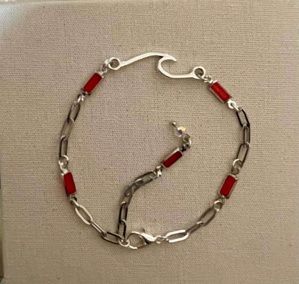 Red Coral Gemstone Birthstone Accents-Adjustable Silver Paperclip Link Bracelet or Anklet
