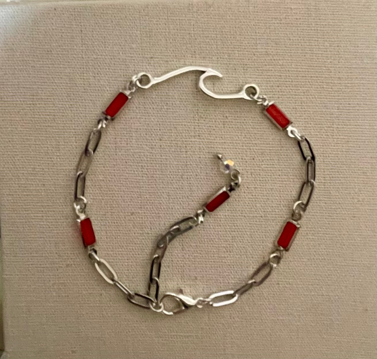 Red Coral Gemstone Birthstone Accents-Adjustable Silver Paperclip Link Bracelet or Anklet