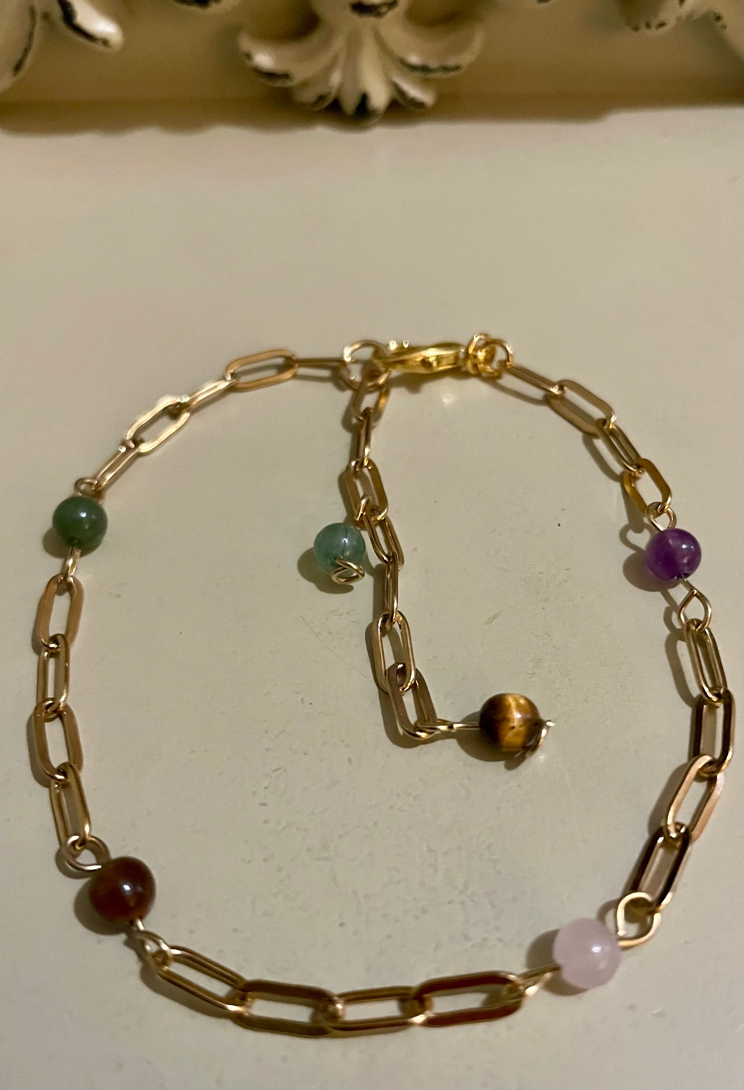 14 Gold Filled Paperclip Gemstone Bracelet or Anklet