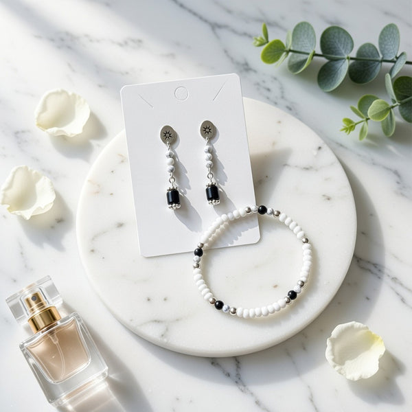 Celestial Star Black Onyx & Howlite Beaded Jewelry Set - Dangle Earrings & Stretch Bracelet by SublimeDesignsBySuzie