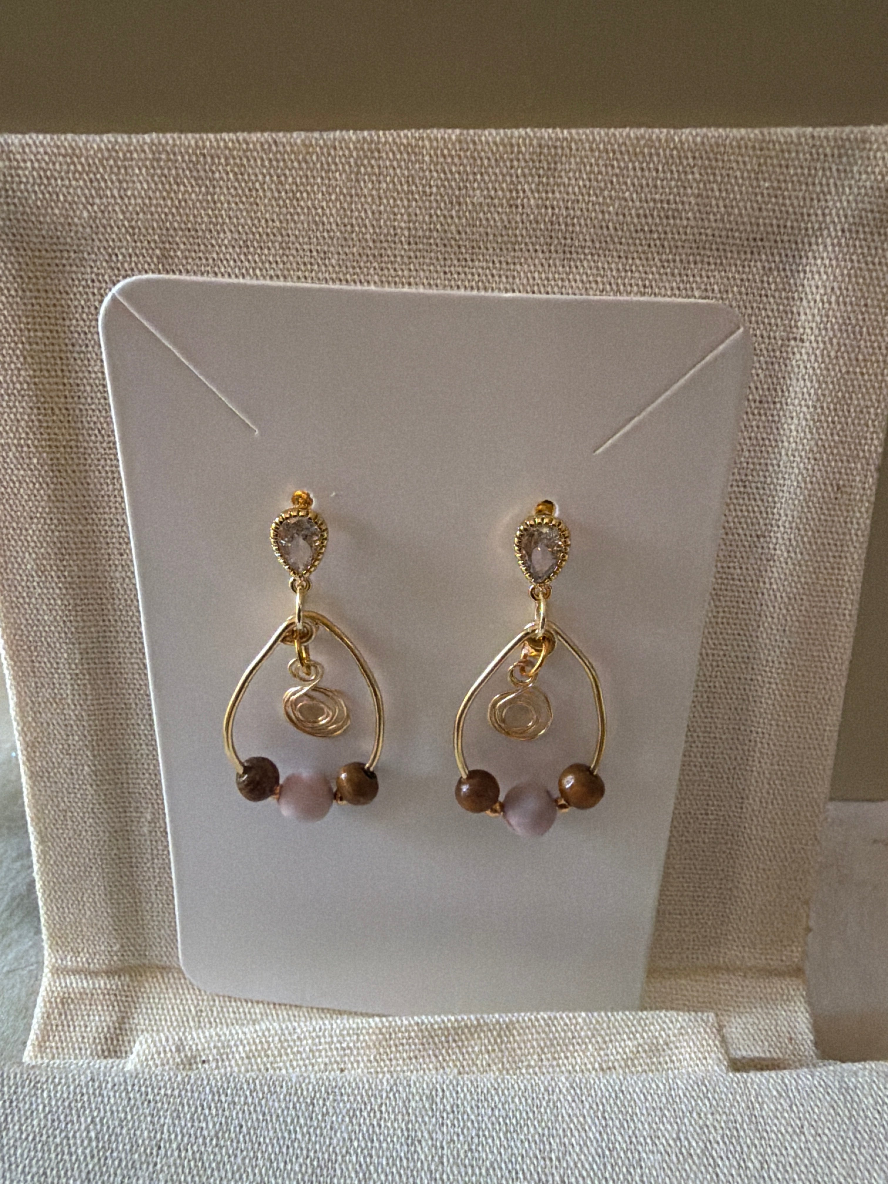 Dainty Gold Plated Boho Rose Quartz Tiger Eye Jewelry - Pink Beaded Bracelet & Flower Swirl Wire Drop Earrings by Suzie with Sublime Designs