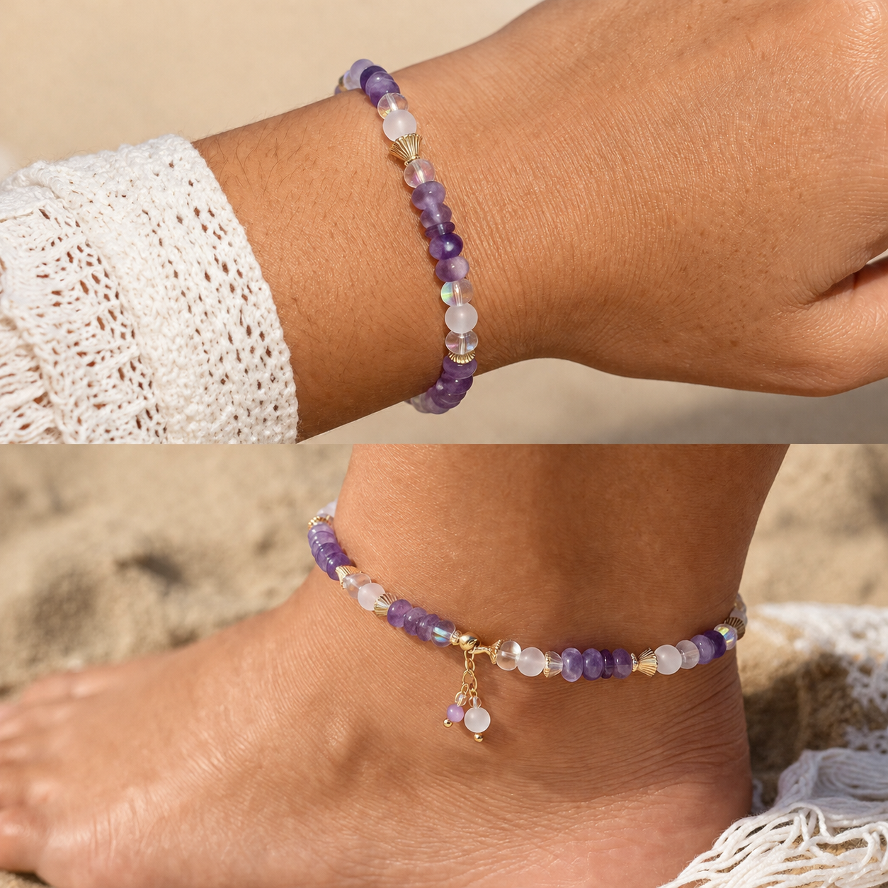 Natural Amethyst and Milky Quartz Gemstone Beaded Bracelet or Anklet with 18K Gold-Plated Findings