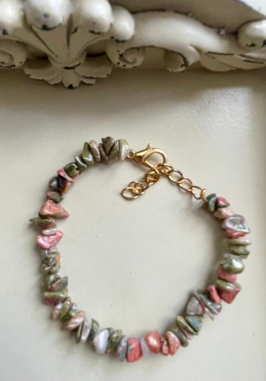 Unakite Jewelry Set – Green Pink Chip Bracelet & Teardrop Dangle Earrings, Gold Plated Handmade Healing Crystal Gift for Women- by Suzie with Sublime Designs