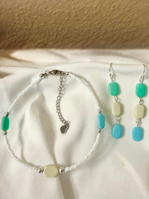 Turquoise & Mint Beaded Jewelry Set - White Seed Bead Anklet/Bracelet with Heart Charm & Dangle Gemstone Earrings by Suzie with Sublime Designs in Daytona Beach