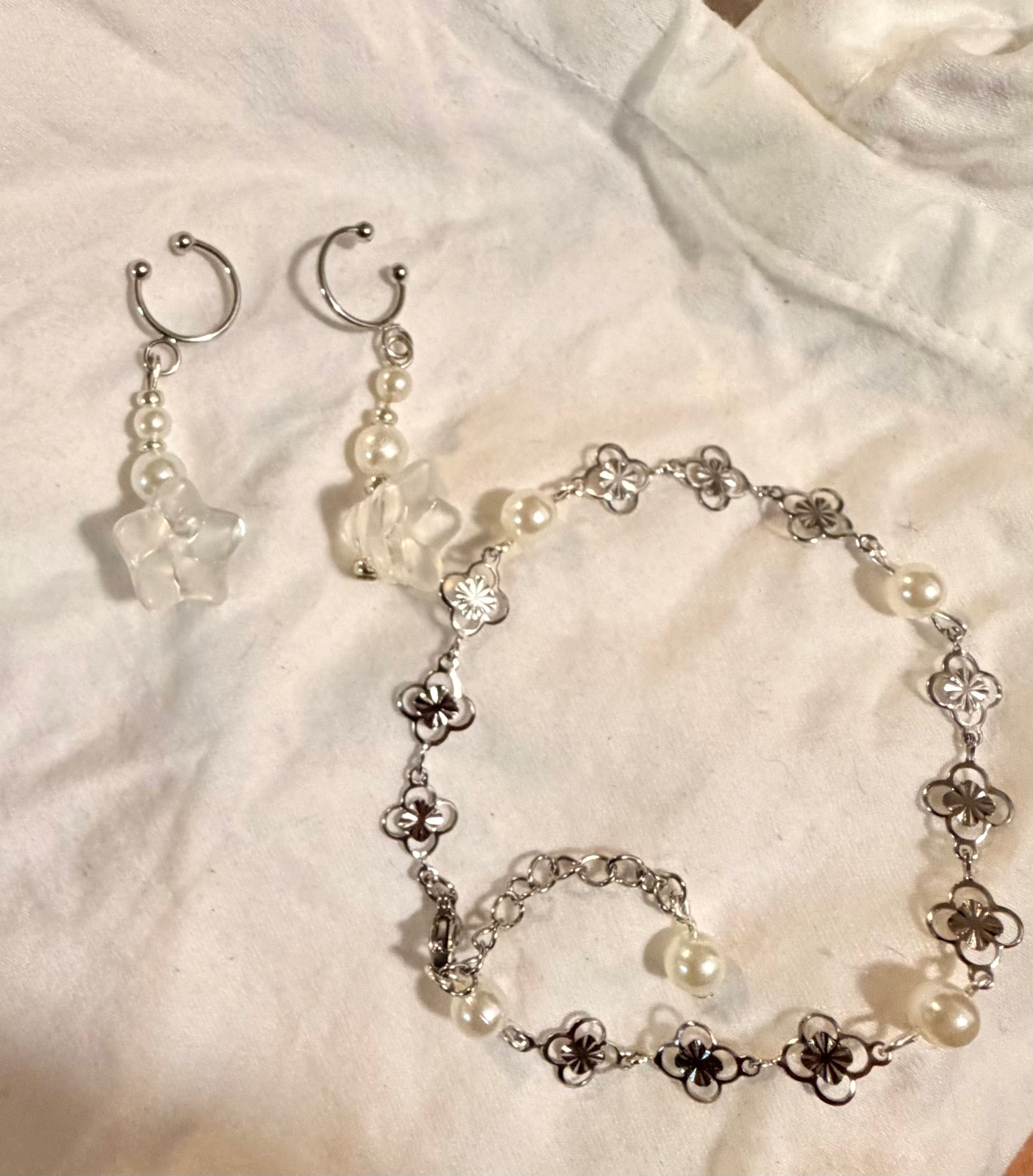 Silver Plated Non-Pierced Ear Cuff Set with Star Charms & Convertible Pearl Flower Bracelet Anklet