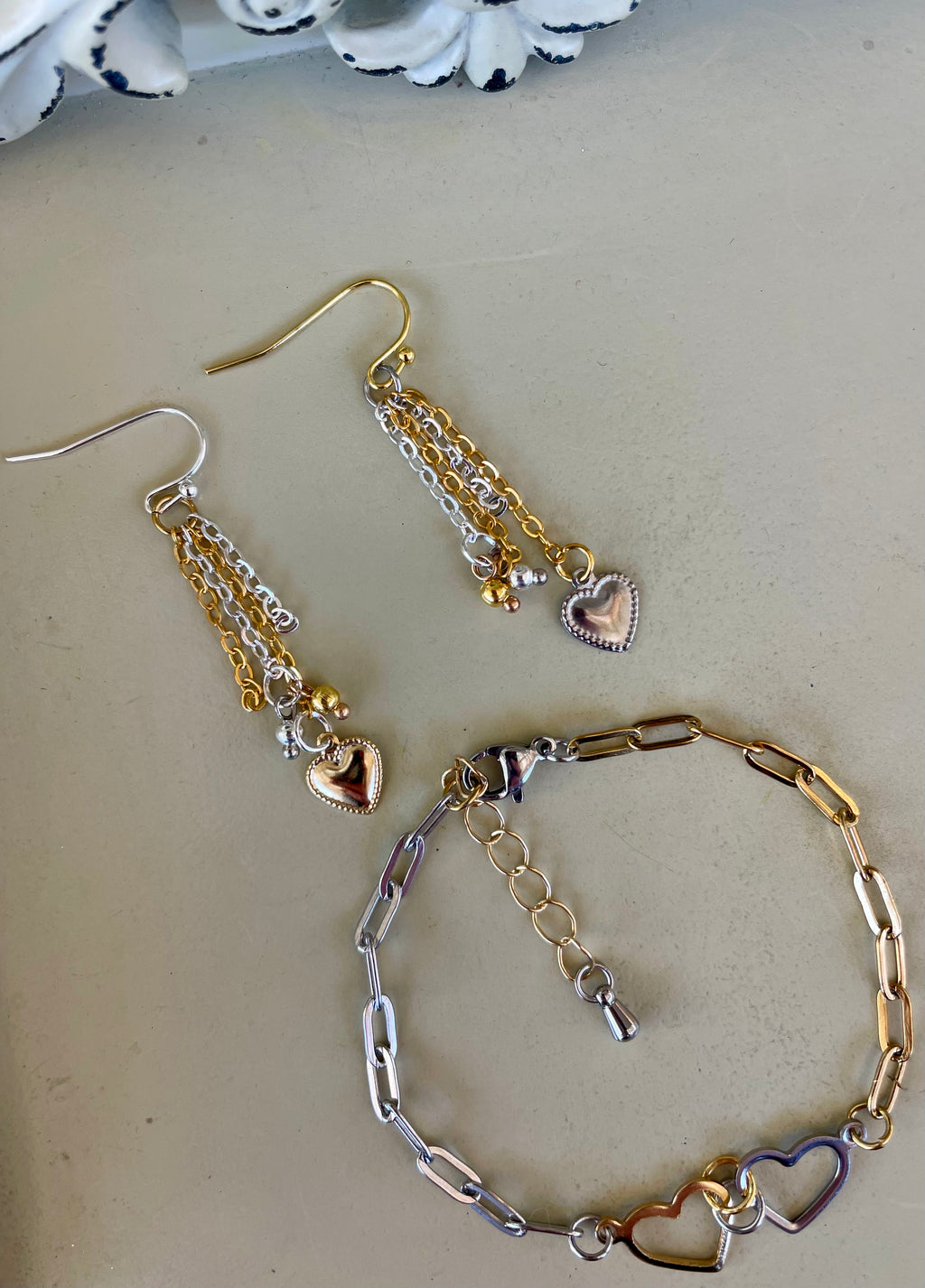 Gold Plated Silver Plated Mix and Match Heart Set - Two Tone Paperclip Bracelet, Multi Chain Heart Drop Earrings, Mixed Metal Jewelry Set- SublimeDesignsBySuzie