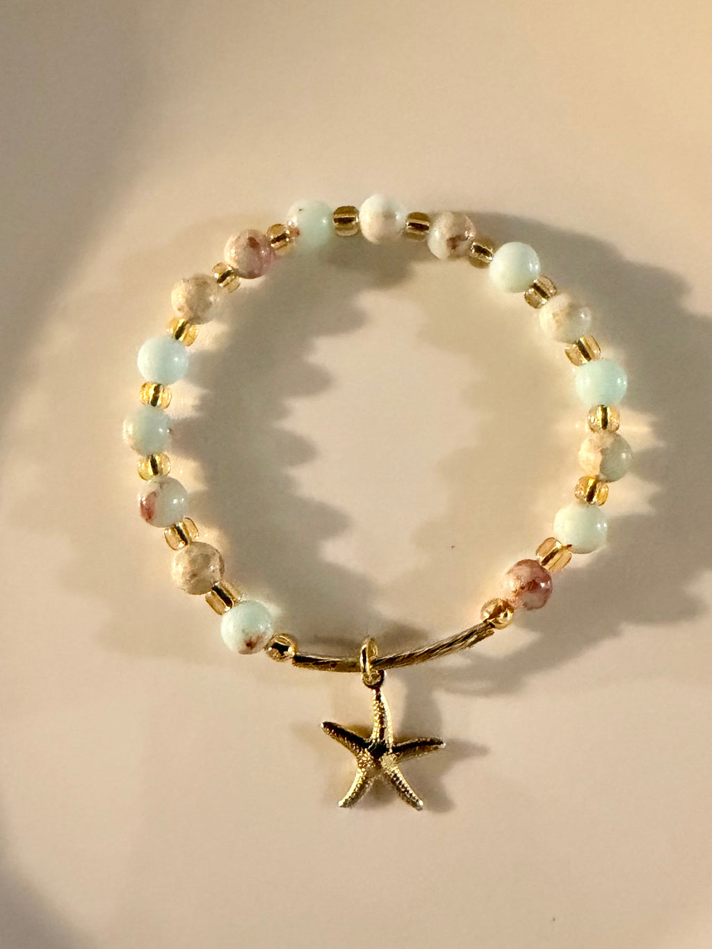 Natural Aqua Terra Jasper & Starfish Charm Beaded Bracelet- Coastal Chic