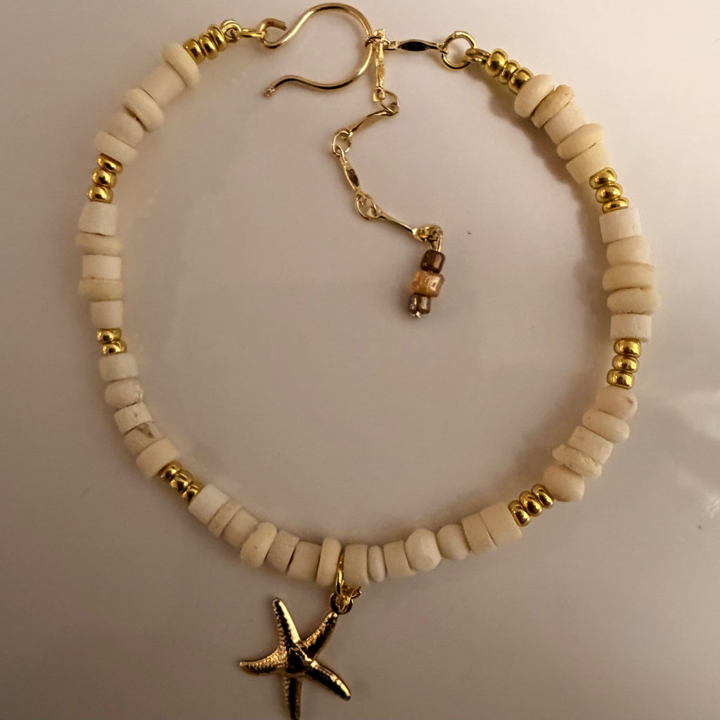 Coastal Starfish & Bone Bead Ankle Bracelet – Summer Bohemian Foot Chain Adjustable Size- Comes in Bracelet or Anklet