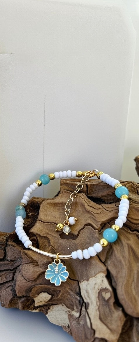 Handmade Turquoise & White Boho Bracelet/Anklet with Flower Charm by Suzie with Sublime Designs