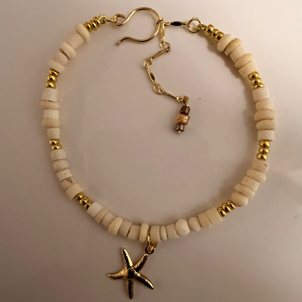 Coastal Starfish & Bone Bead Ankle Bracelet – Summer Bohemian Foot Chain Adjustable Size- Comes in Bracelet or Anklet