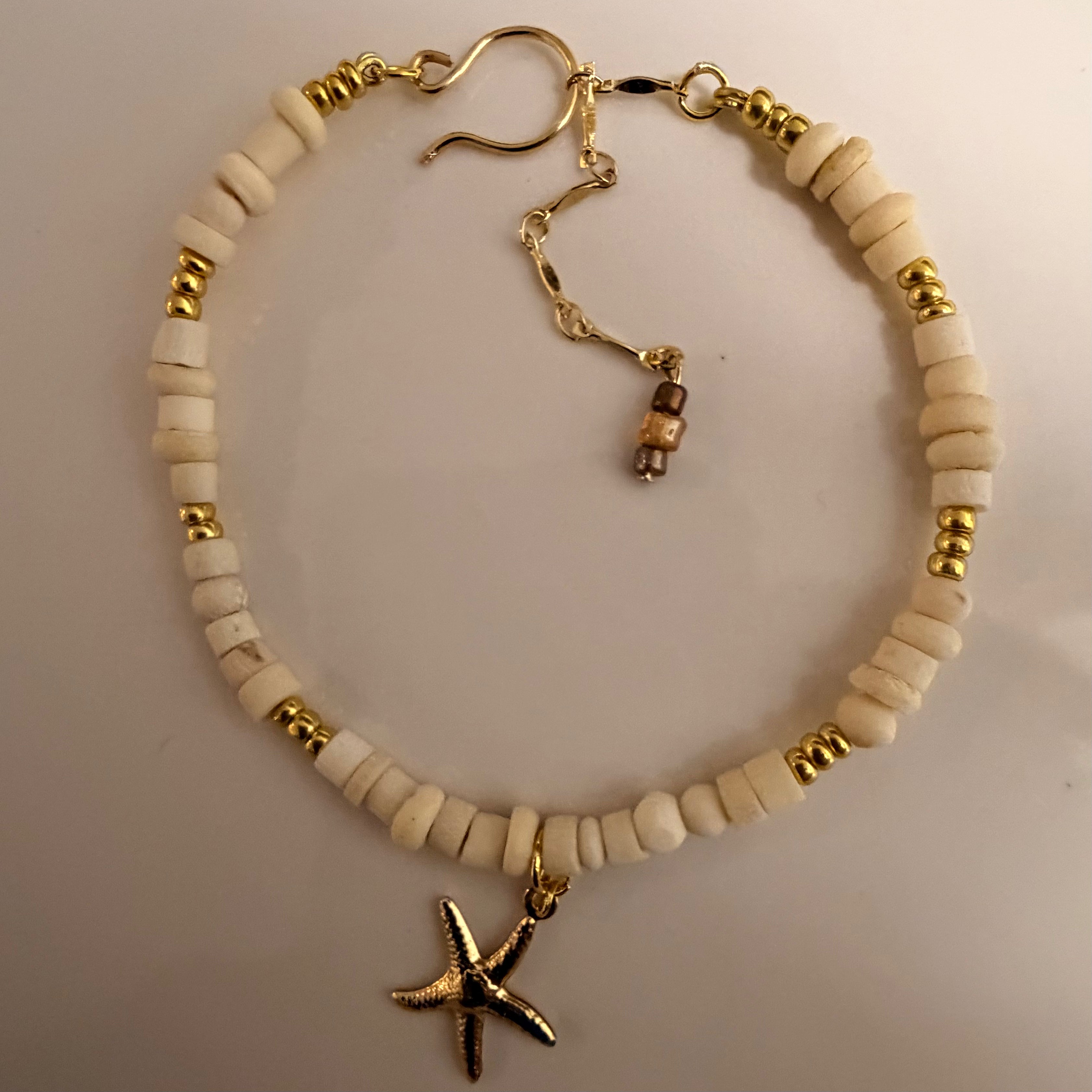 Coastal Starfish & Bone Bead Ankle Bracelet – Summer Bohemian Foot Chain Adjustable Size- Comes in Bracelet or Anklet