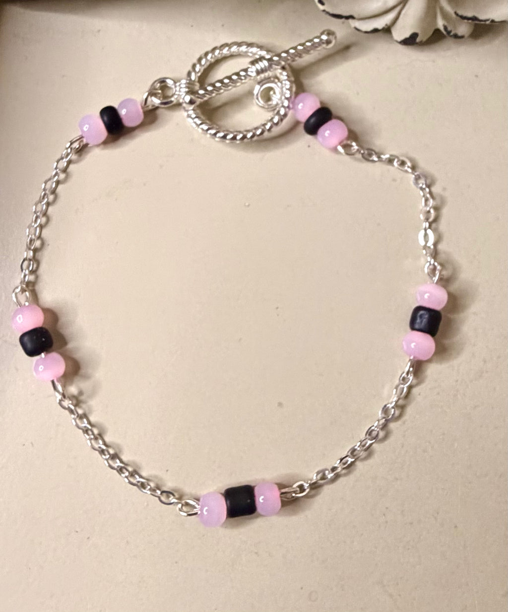 Midnight Bloom Flower Earrings Black & Pink Bead Toggle Bracelet Set