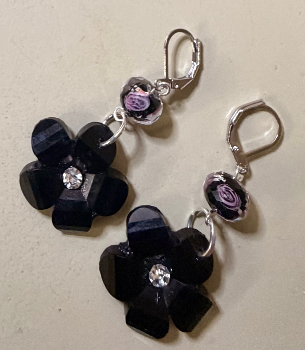 Midnight Bloom Flower Earrings Black & Pink Bead Toggle Bracelet Set