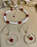 Cherry Bomb Stainless Jewelry Set- Red Beaded Bomb Earrings & matching Red, White Silver Bracelet by Suzie with Sublime Designs