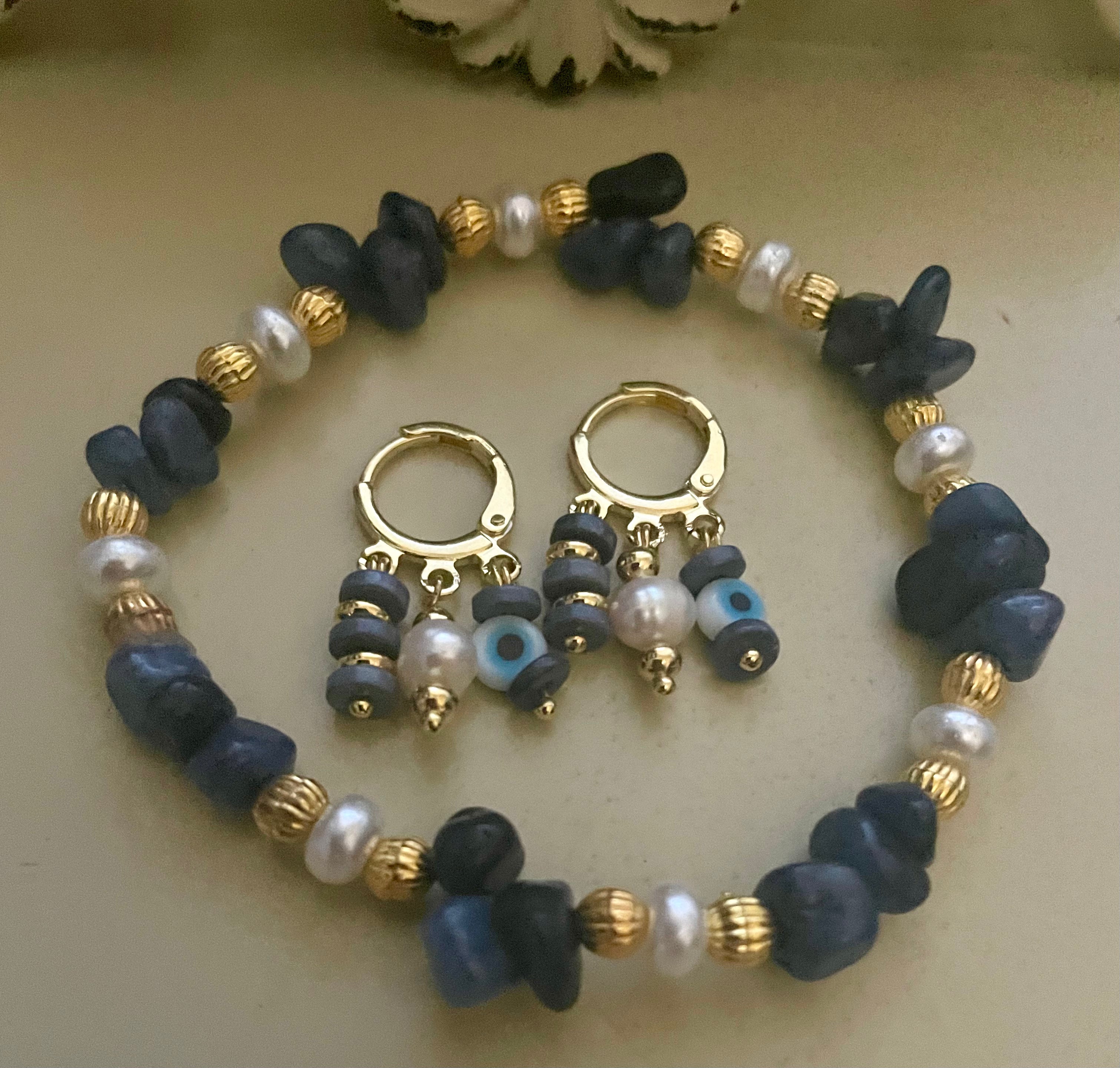 18k Gold Plated Blue Evil Eye Nazar Aventurine  & Pearl Jewelry Set by Sublime Designs by Suzie