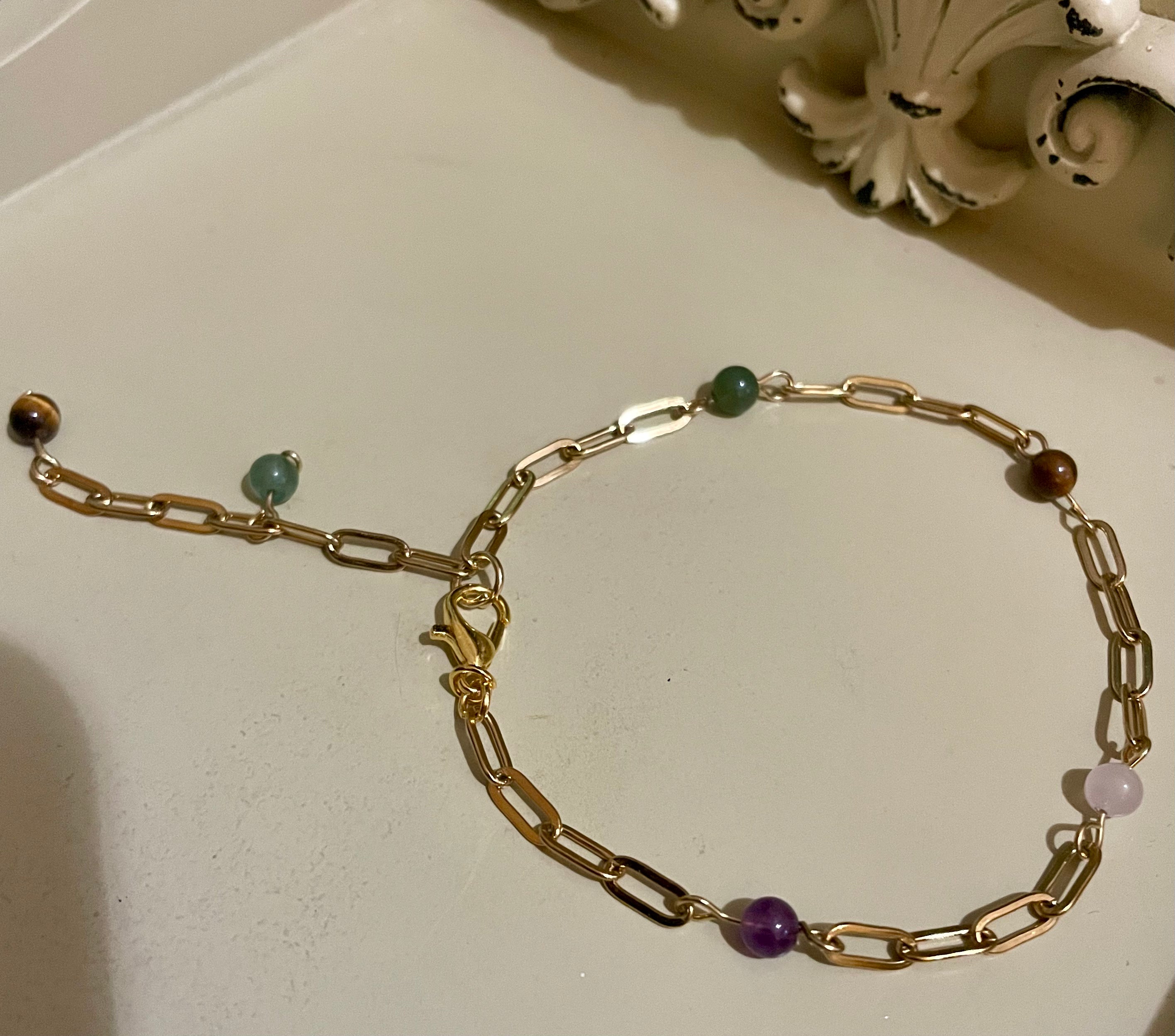 14 Gold Filled Paperclip Gemstone Bracelet or Anklet