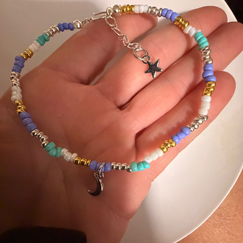 Celestial Boho Mixed Seed Bead Anklet - Adjustable Moon & Star Charm Foot Jewelry