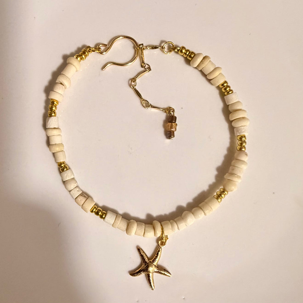 Coastal Starfish & Bone Bead Ankle Bracelet – Summer Bohemian Foot Chain Adjustable Size- Comes in Bracelet or Anklet