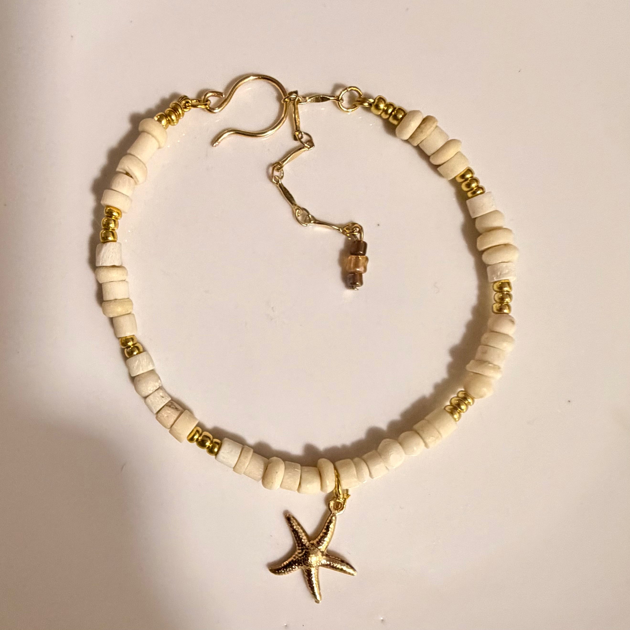 Coastal Starfish & Bone Bead Ankle Bracelet – Summer Bohemian Foot Chain Adjustable Size- Comes in Bracelet or Anklet