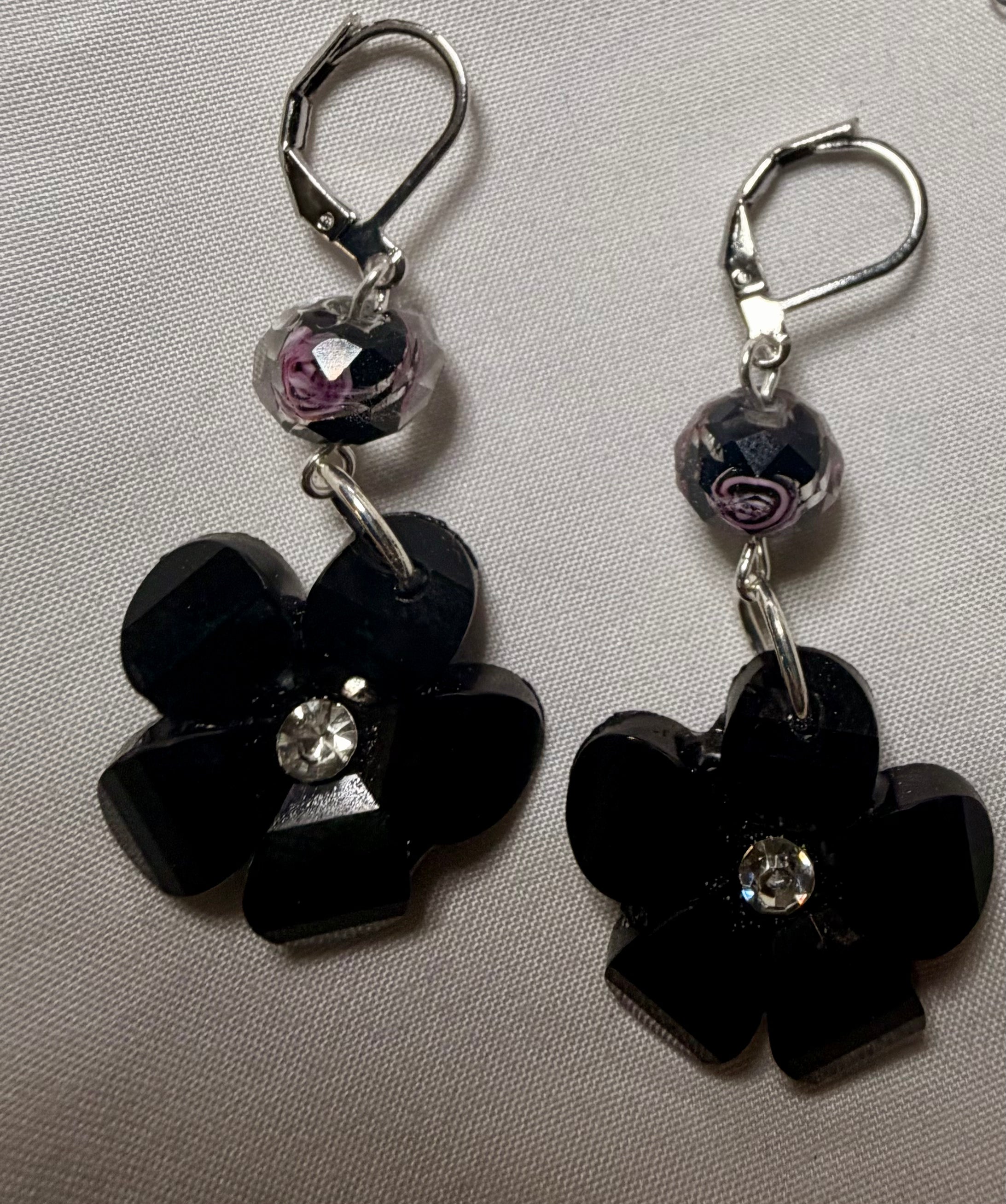 Midnight Bloom Flower Earrings & Pink Bead Toggle Bracelet Set – Black Crystal Floral Jewelry- SublimeDesignsBySuzie