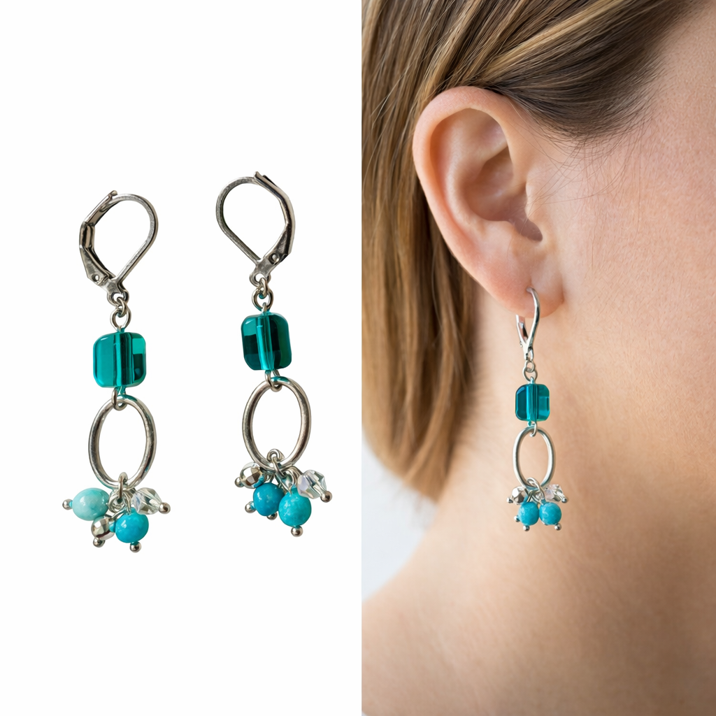 Aqua Lagoon Cascade Earrings with Howlite & Granite- SublimeDesignsBySuzie