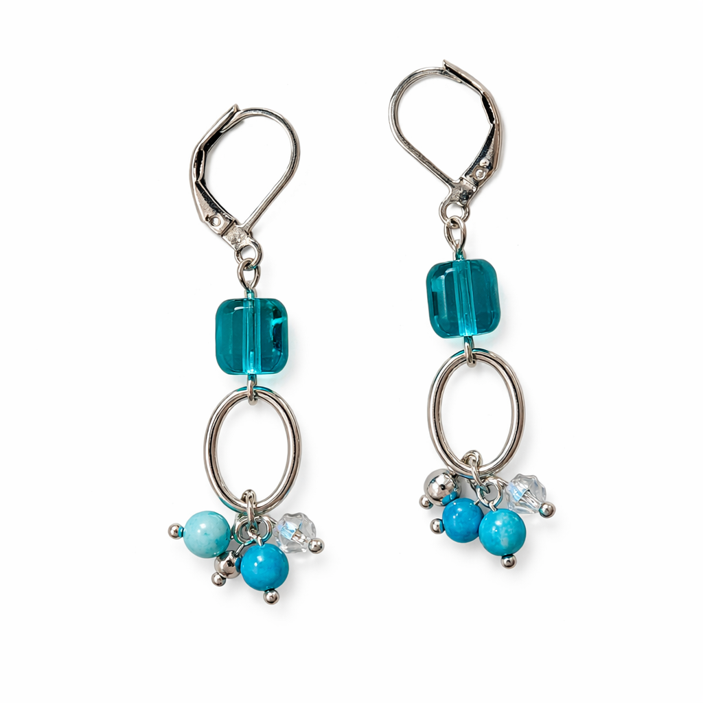 Aqua Lagoon Cascade Earrings with Howlite & Granite- SublimeDesignsBySuzie