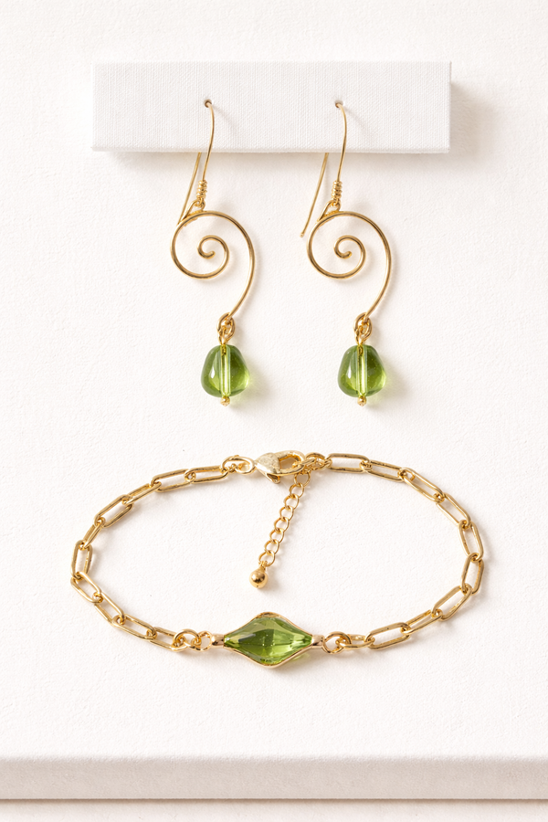 Golden Lime Peridot Swirl Jewelry Sets- Green Crystal Earrings & Paperclip Bracelet by SublimeDesignsBySuzie