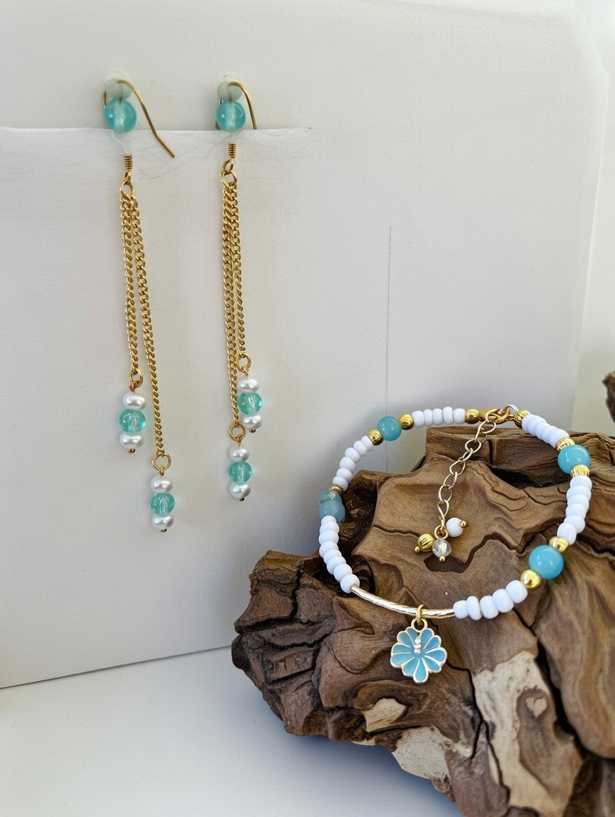 Handmade Turquoise & White Boho Bracelet/Anklet with Flower Charm by Suzie with Sublime Designs