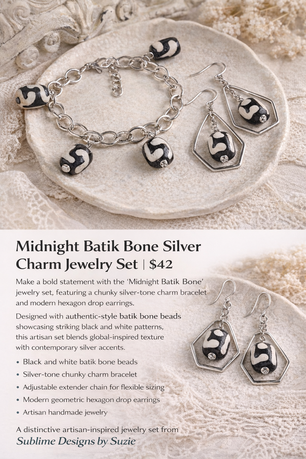Midnight Batik Bone Silver Charm Jewelry Set – Black & White Statement Bracelet & Hexagon Earrings - SublimeDesignsBySuzie