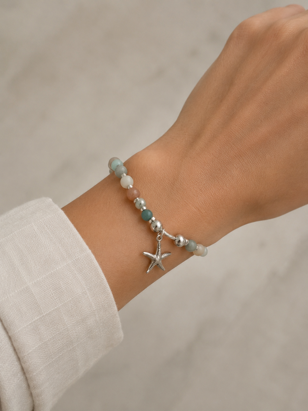 Multi Amazonite Gemstone Starfish Charm Bracelet