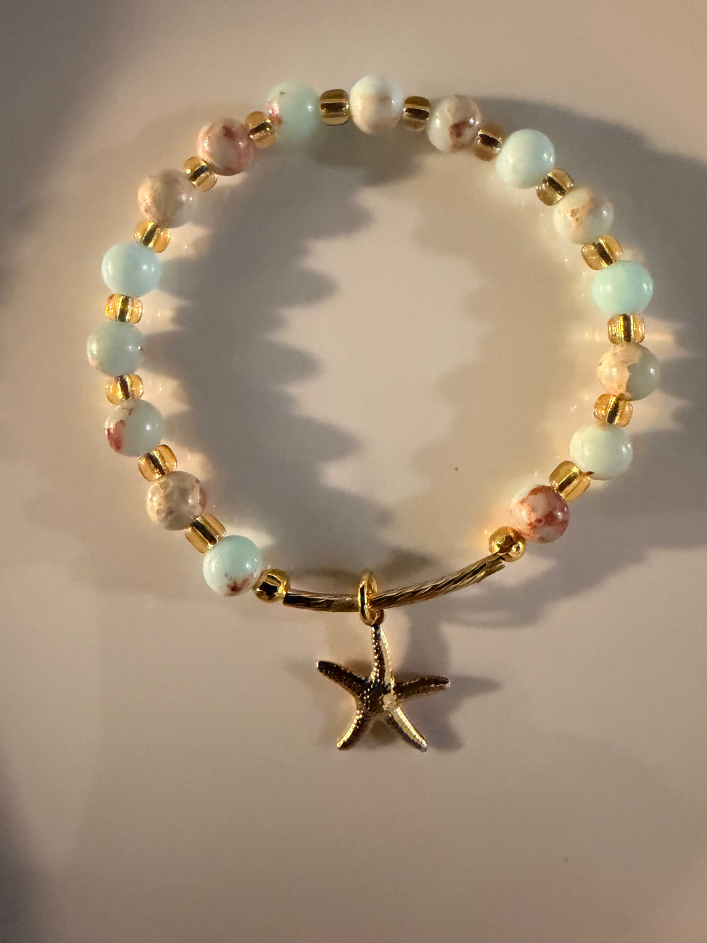 Natural Aqua Terra Jasper & Starfish Charm Beaded Bracelet- Coastal Chic