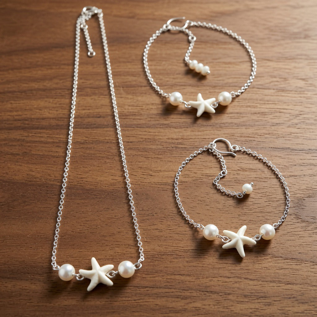 Dainty Nautical Pearl & Starfish Accessory Bundle – Adjustable Silver Plated Coastal Jewelry Gift Set