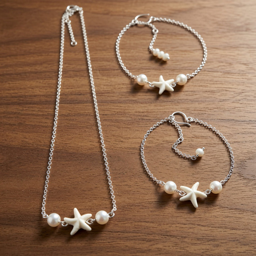 Dainty Nautical Pearl & Starfish Accessory Bundle – Adjustable Silver Plated Coastal Jewelry Gift Set