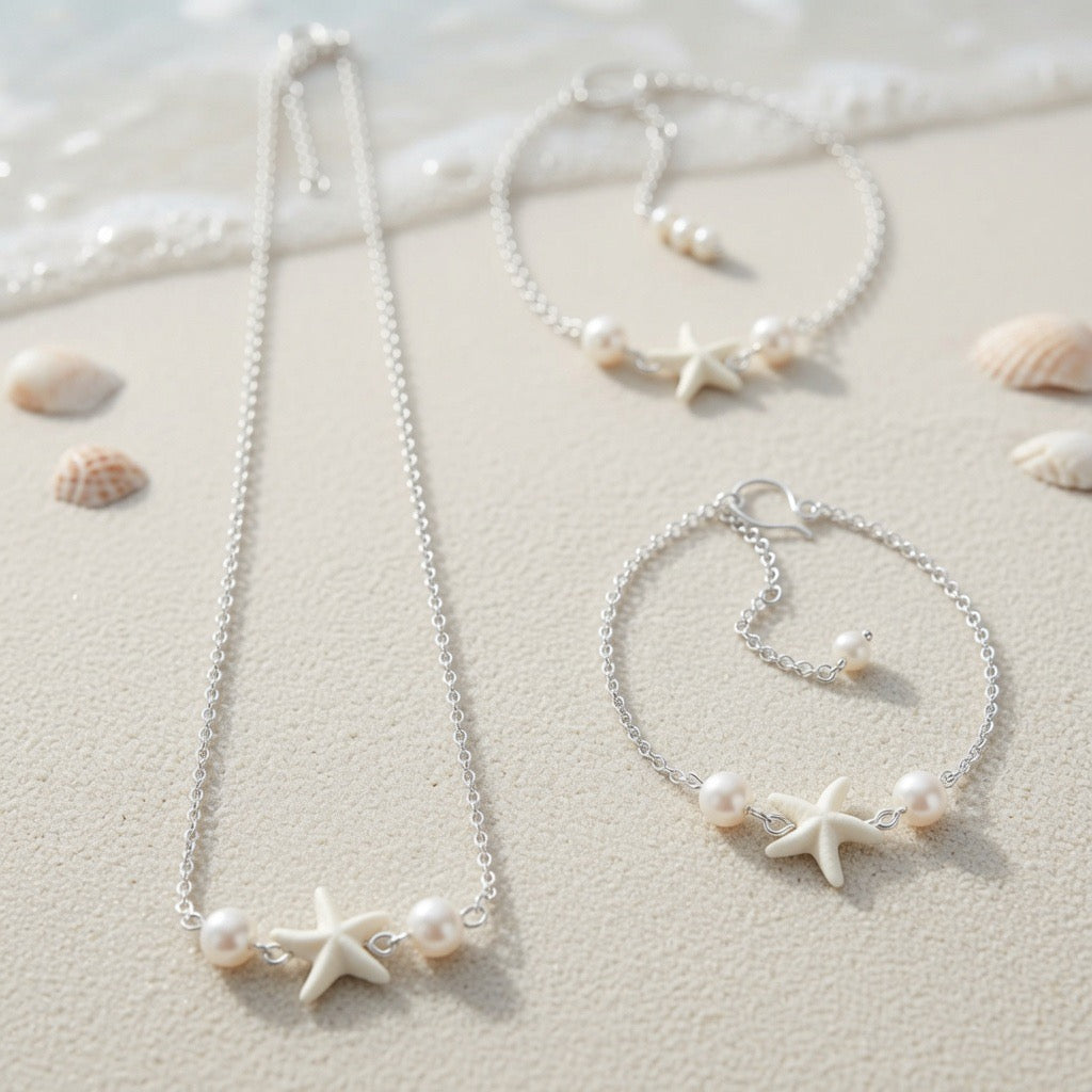 Dainty Nautical Pearl & Starfish Accessory Bundle – Adjustable Silver Plated Coastal Jewelry Gift Set