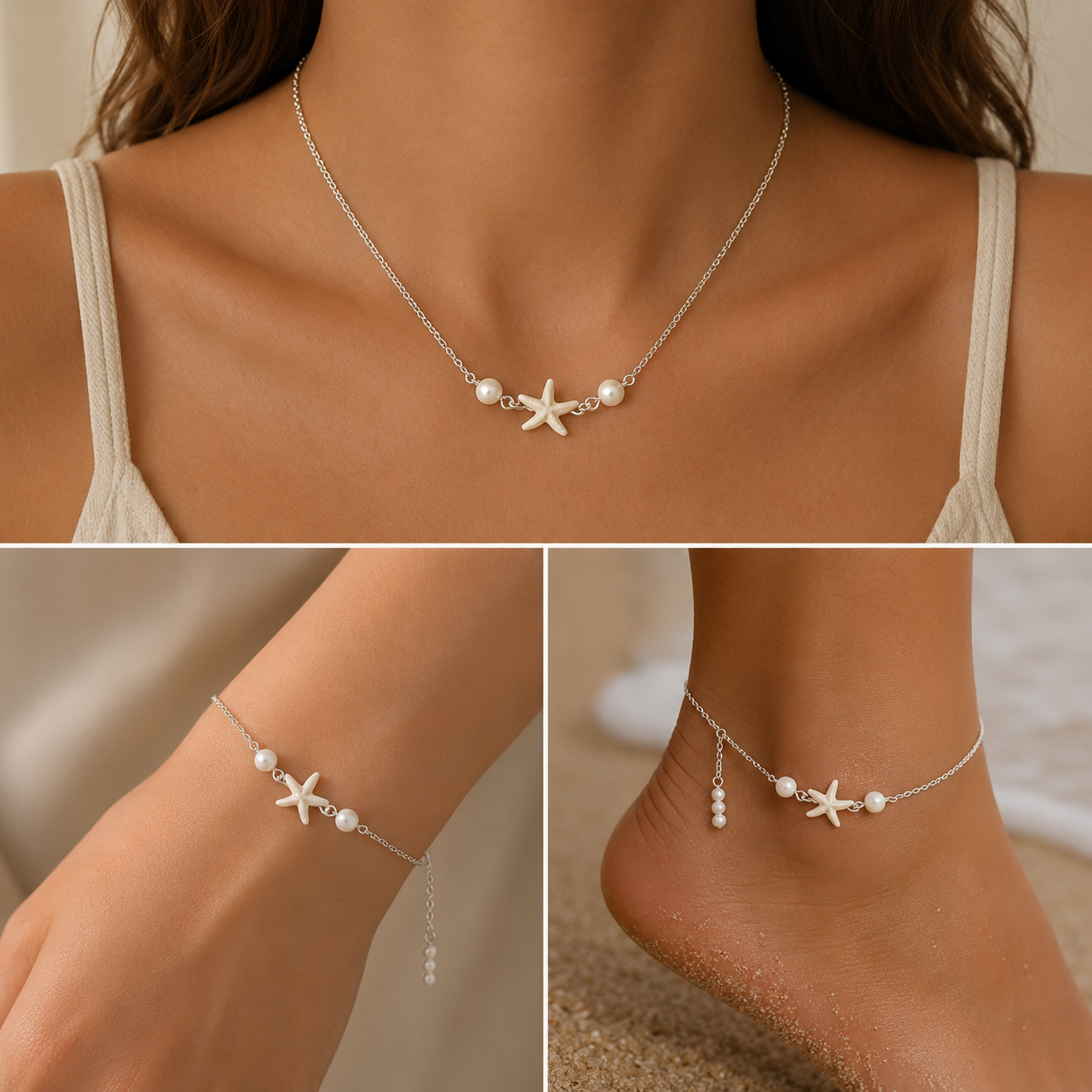 Dainty Nautical Pearl & Starfish Accessory Bundle – Adjustable Silver Plated Coastal Jewelry Gift Set